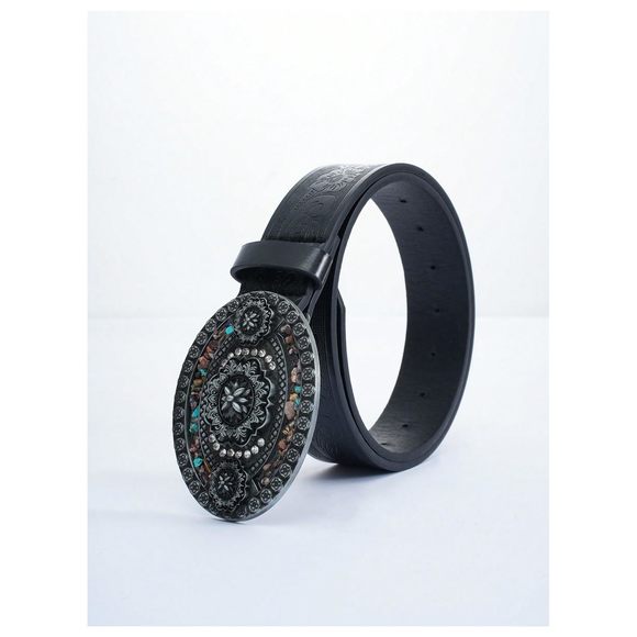 Women's Rhinestone Buckle Belt Floral Embossed Turquoise Leather Belt Cowgirl💝 - Picture 3 of 5